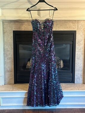Prom Queen Elegance Sean Couture Floor Length Pink and Teal Sequin Gown Prom